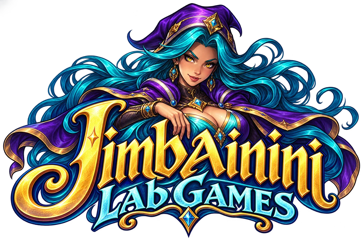 Jimbainini Lab Games logo with an illustrated sorceress and gold-and-cyan lettering.